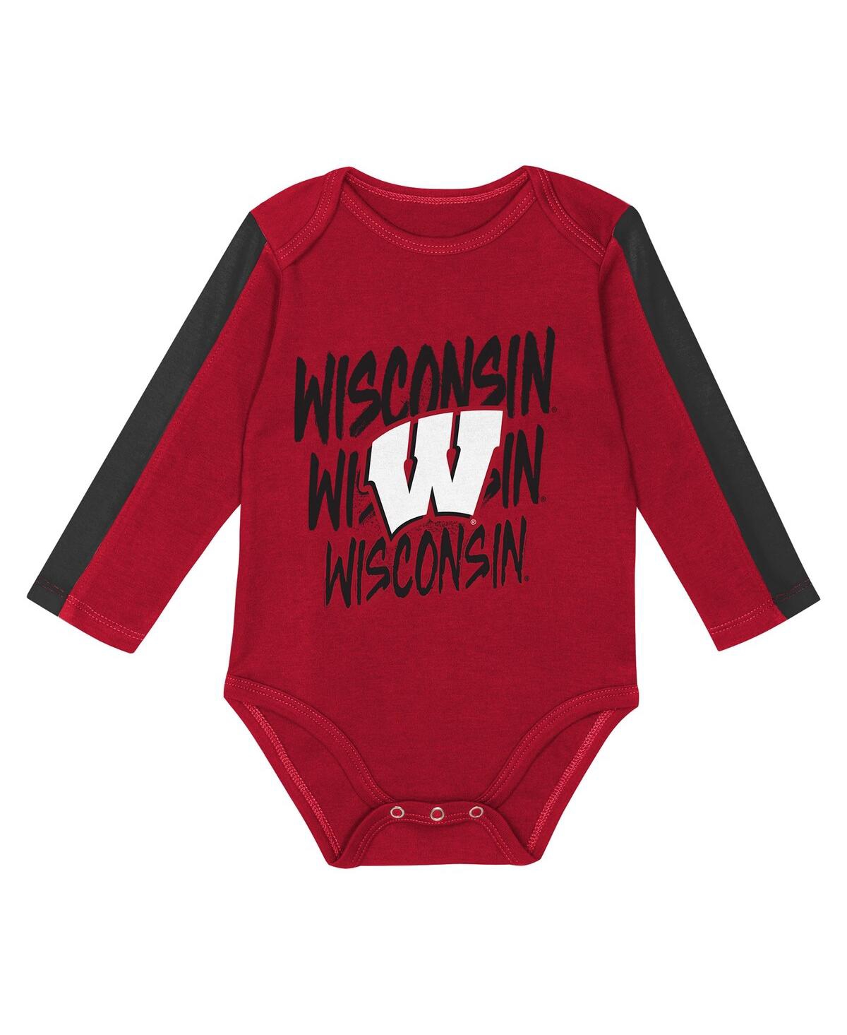 Outerstuff Baby Boys And Girls 3-piece Red/black Wisconsin Badgers Double Down Bodysuit And Pants Set In Multi