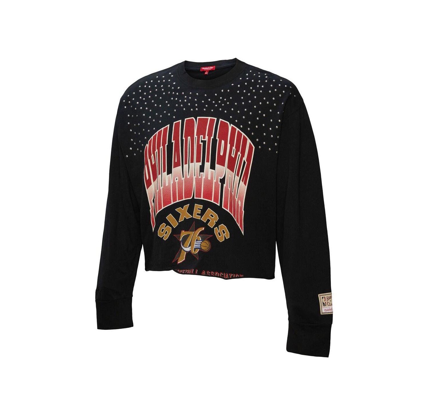 Women's Black Philadelphia 76ers Hardwood Classics Studded Boxy Cropped Long Sleeve T-Shirt