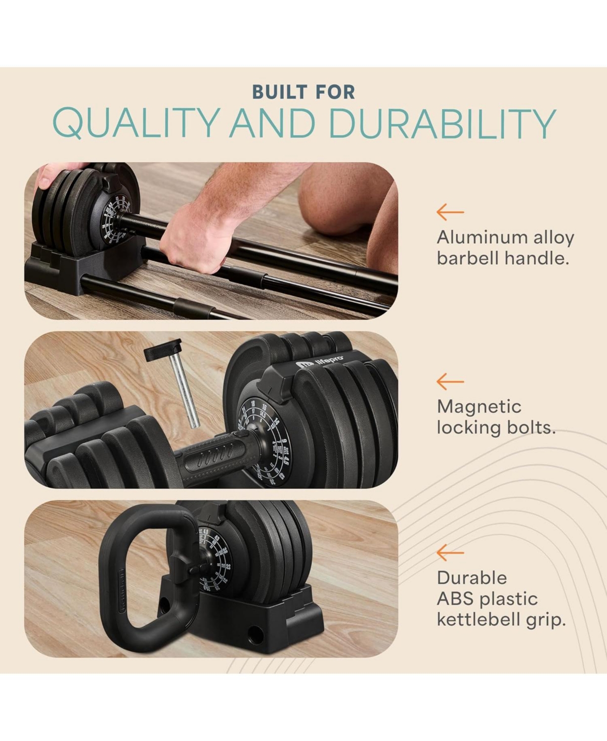 Lifepro Adjustable Dumbbells Set with Rack - Quick Adjust Weights, Secure Grip, Compact Design for Home Gym