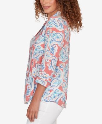 Petite Paisley Silky Gauze Button Front Top