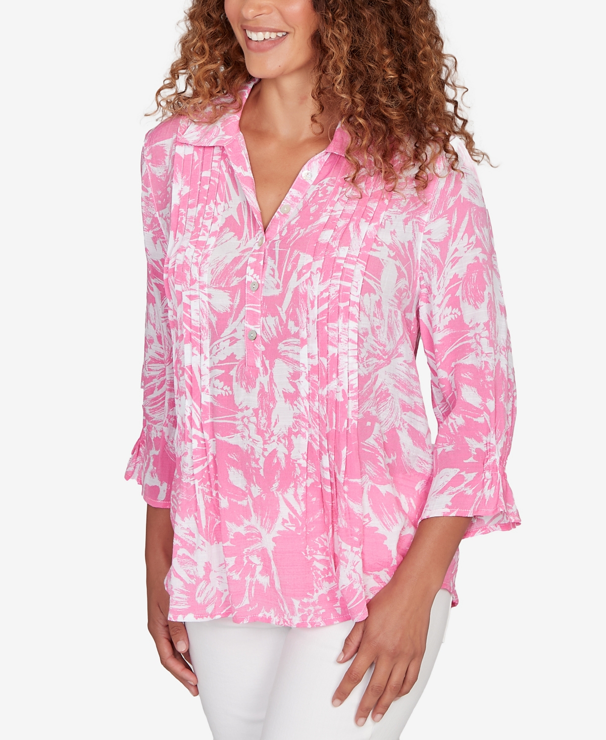 Ruby Rd. Petite Brushstroke Floral Silky Gauze Popover Top