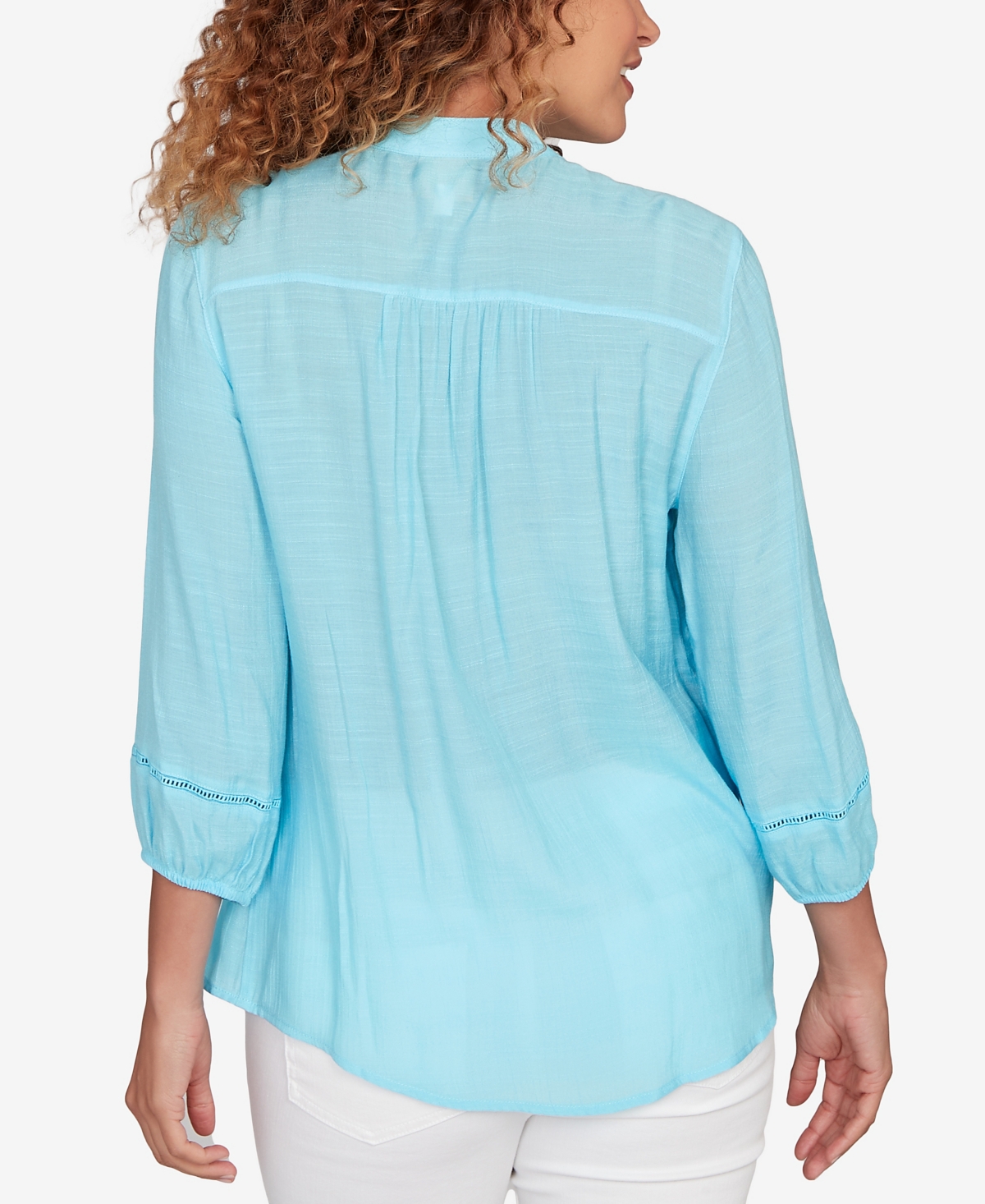 Ruby Rd. Petite Solid Silky Slub Pleated Button Front Top In Blue