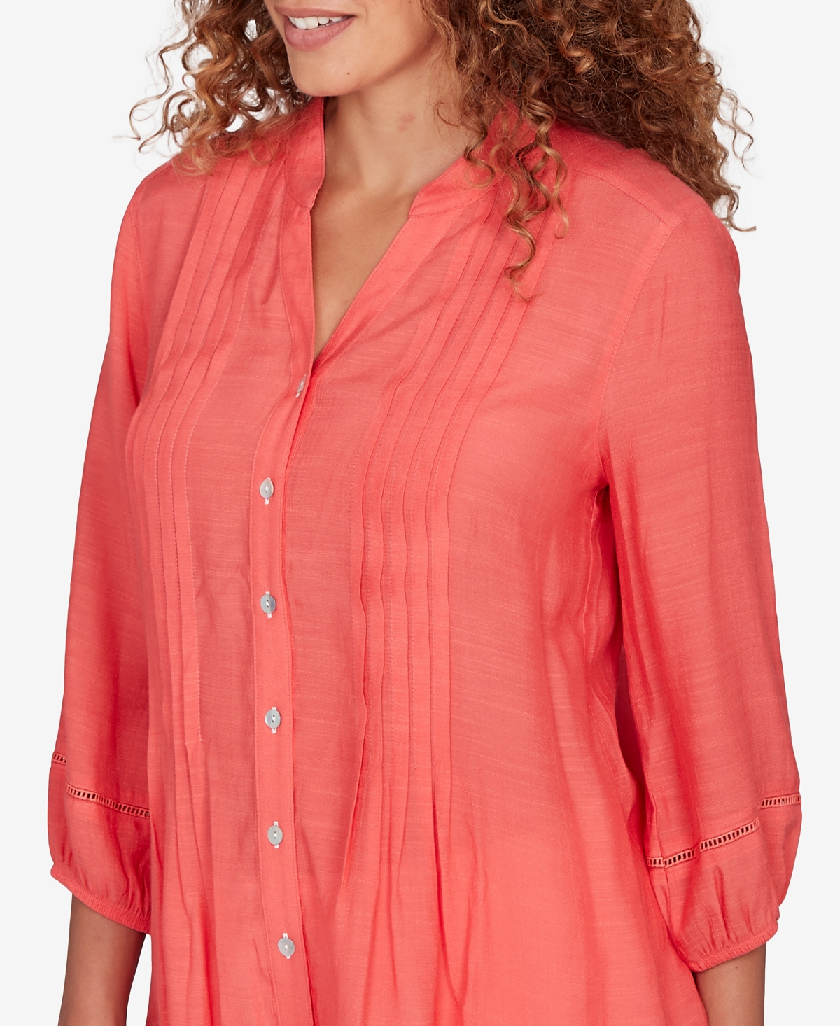 Ruby Rd. Petite Solid Silky Slub Pleated Button Front Top In Pink