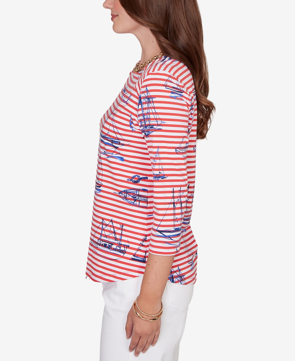 Ruby Rd. Petite Striped Sailboat Knit Top In Red