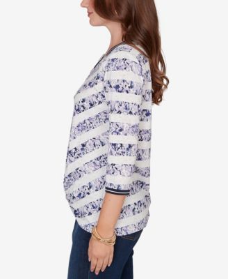 Petite Floral Stripe Twist Front Knit Top