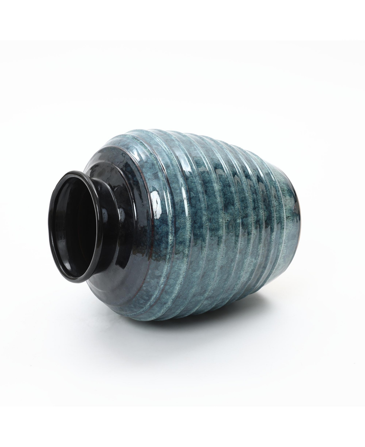 LuxenHome Rippled Blue with Brown 15.75-Inch Tall Round Ceramic Vase, Decorative Home Accent