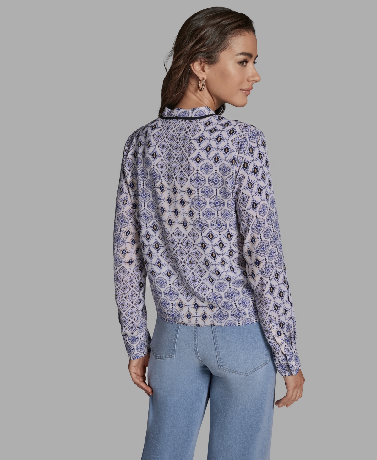 Bcbg Women's Tie-Collar Long-Sleeve Printed Top