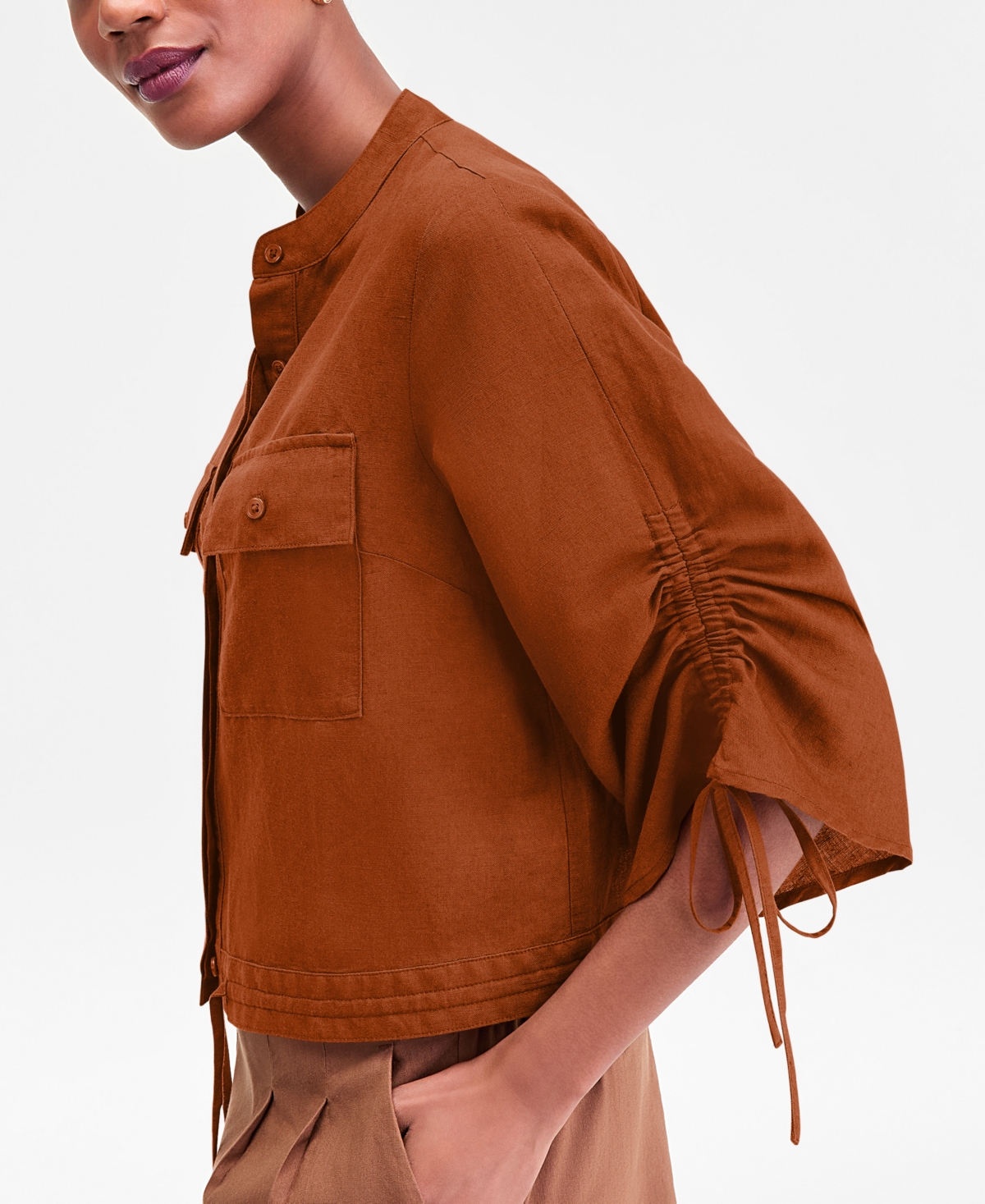 Inc International Concepts Women's Tie-sleeve Chambray Tie-waist Blouse, Macy's Exclusive In Brown