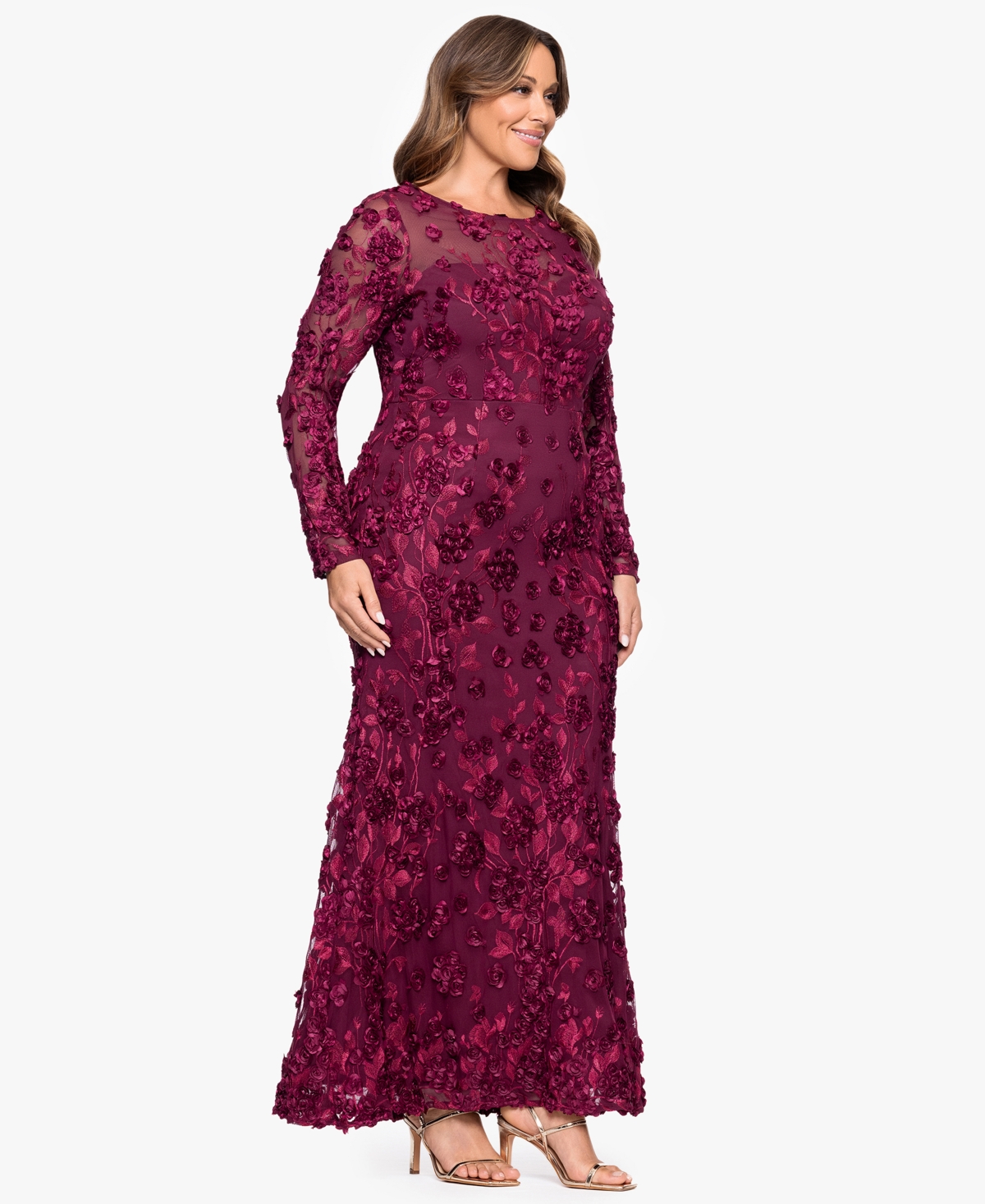Xscape Plus Size Crewneck Long-sleeve Dress In Burgundy
