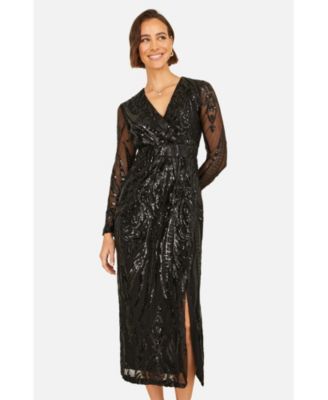 Women's Sequin Midi Long Sleeve Wrap Dress