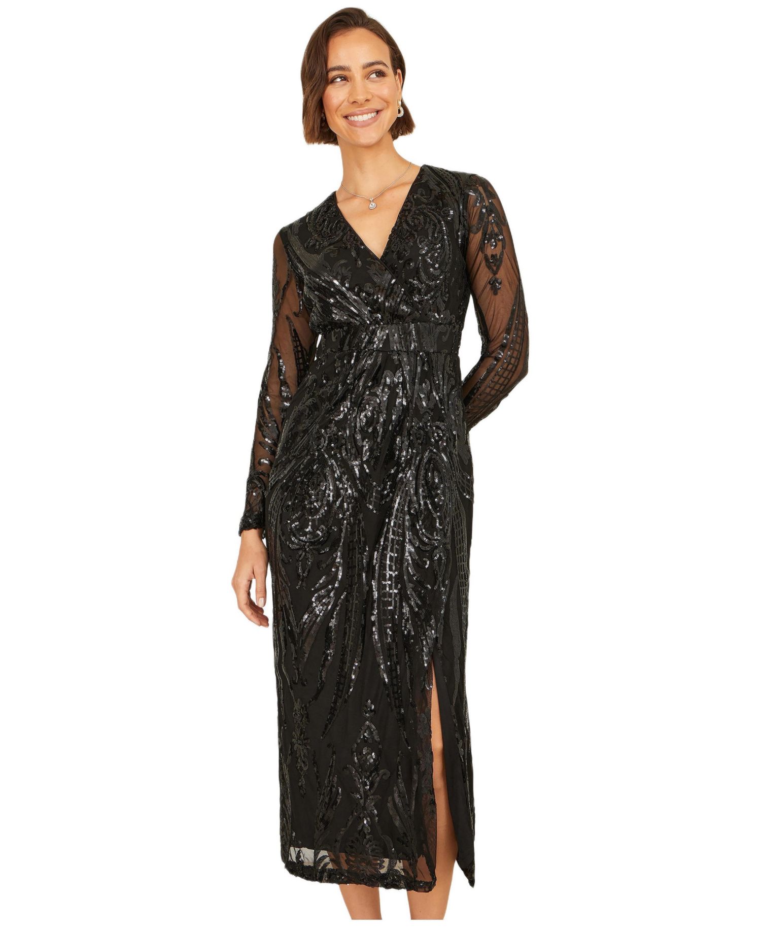 Women's Sequin Midi Long Sleeve Wrap Dress