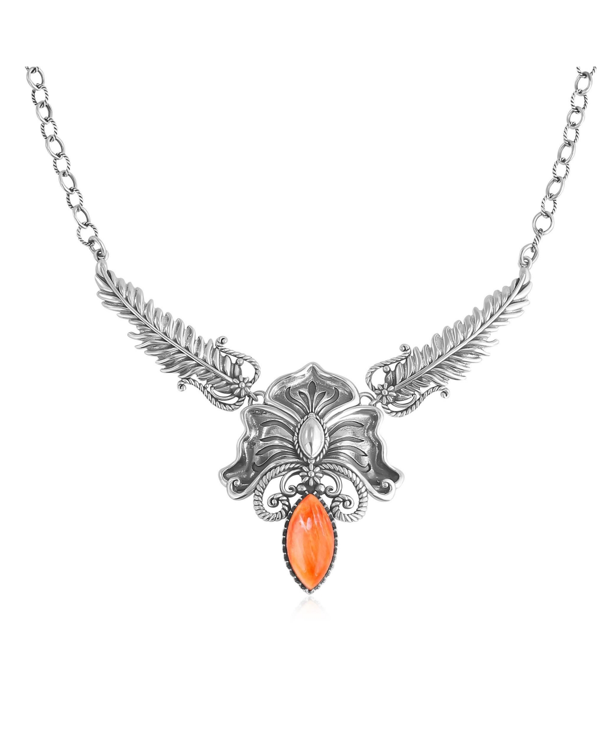 American West Jewelry Sterling Silver Orange Spiny Oyster Cactus Flower Marquise Feather Necklace, 20 Inches
