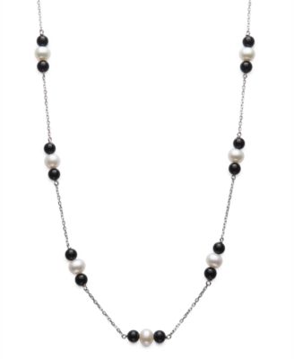 Cultured Freshwater Pearl (6-7mm) and Onyx Station Necklace in Sterling Silver
