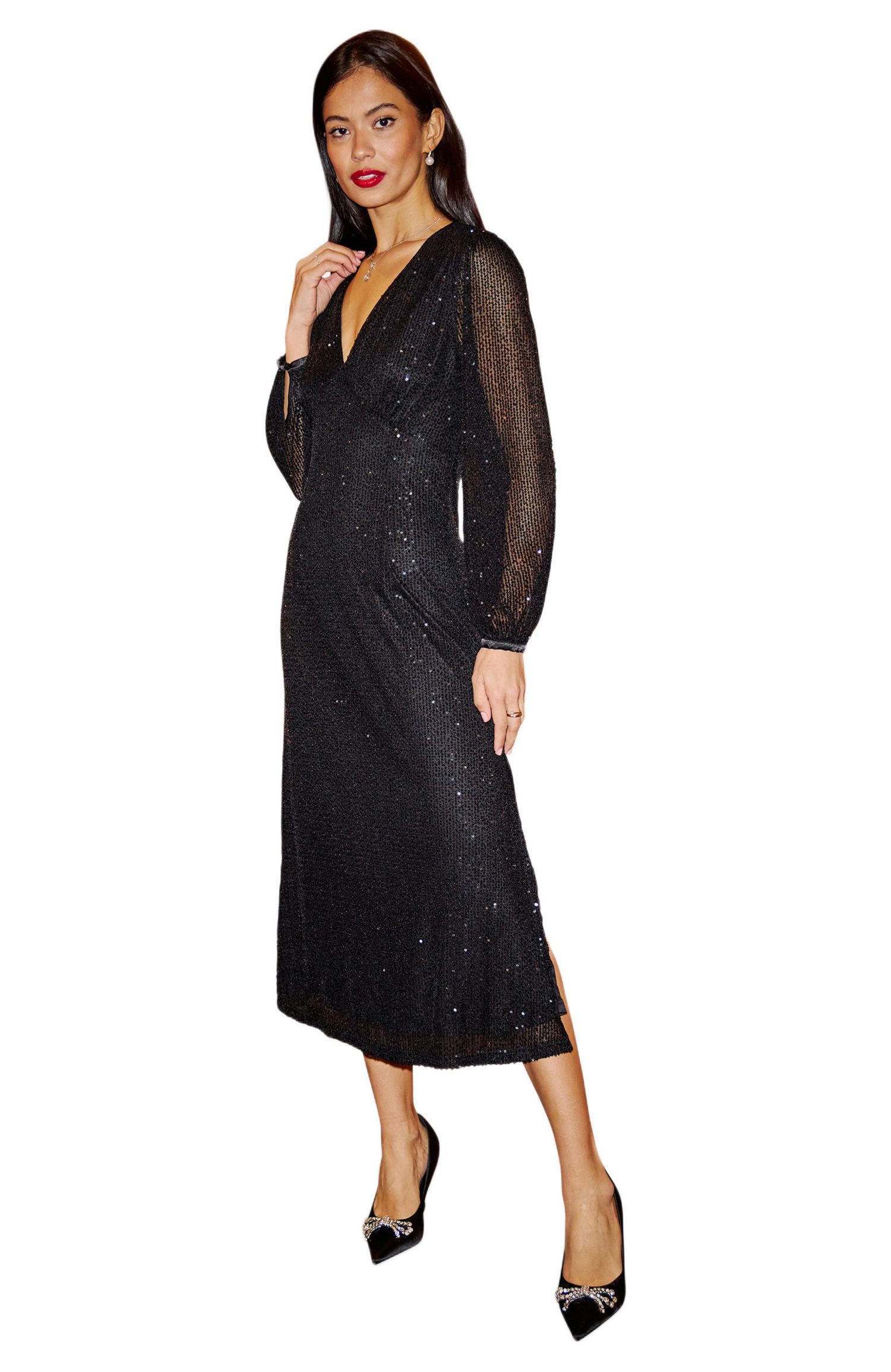 Women's Sequin Long Sleeve Midi Dress