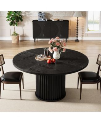Black Round Dining Table for 4-6 People, Modern Fluted MDF + Metal Base Kitchen Table (Only Table)