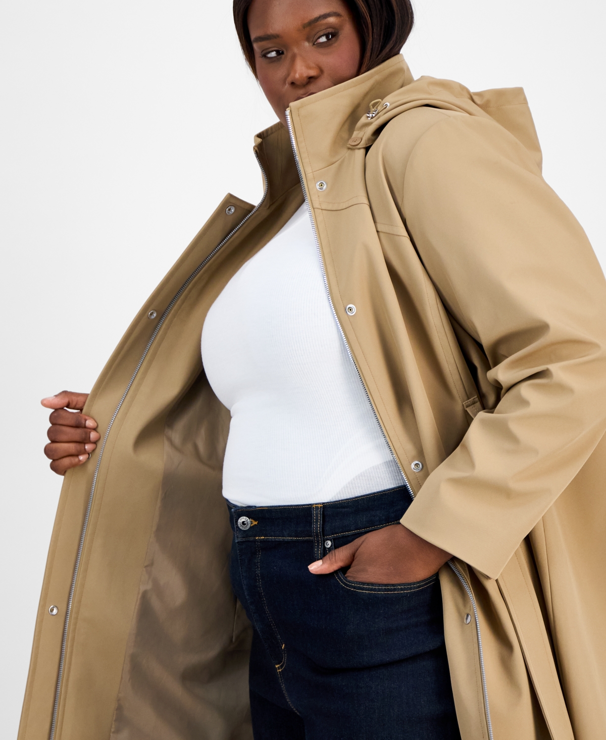 Calvin Klein Plus Belted Hooded Zip-Front Raincoat