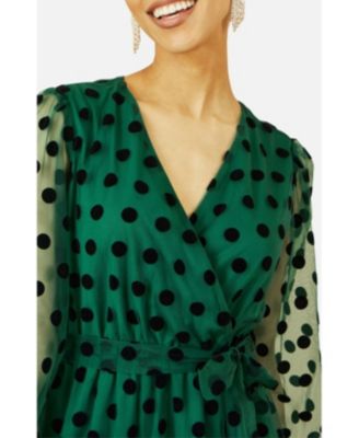 Women's Spot Mesh Wrap Midi Skater Dress