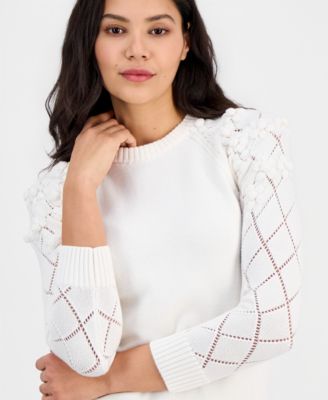 Women's Flower-Trim Long-Sleeve Sweater 