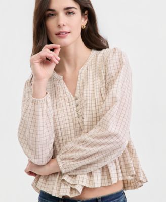 Women's Cotton Plaid Pintucked Long-Sleeve Top