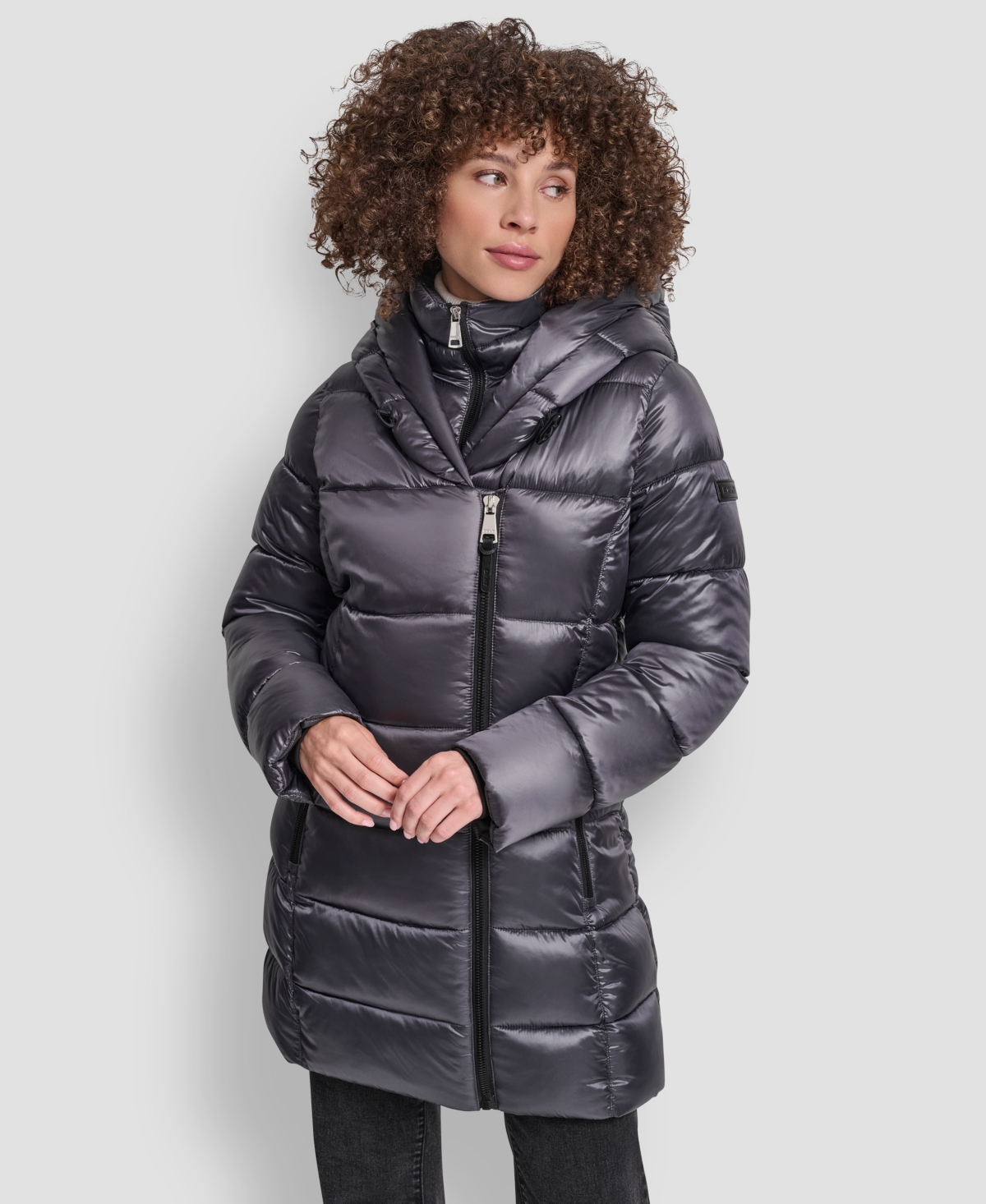 Dkny Women's Bibbed Shawl-collar Packable Shine Puffer Coat In Blue