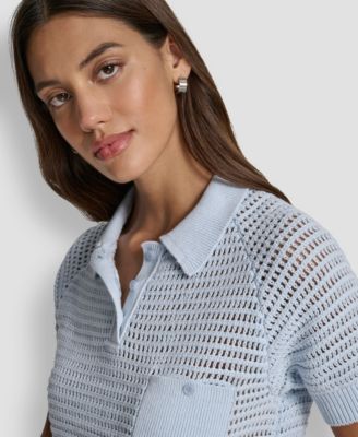 Women's Short-Sleeve Polo Collar Faux Crochet Stitch Sweater