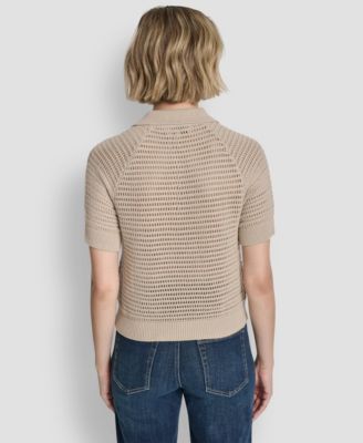 Women's Short-Sleeve Polo Collar Faux Crochet Stitch Sweater