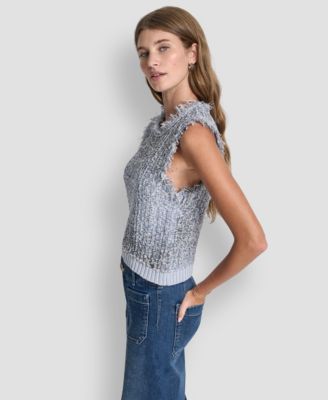 Women's Sleeveless Tweed Fringe Trimmed Sweater