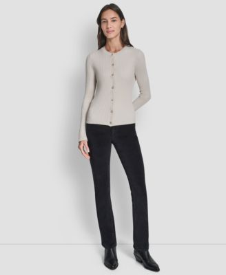 Women's Long-Sleeve Flare Ribbed Rhinestone Button Cardigan Sweater