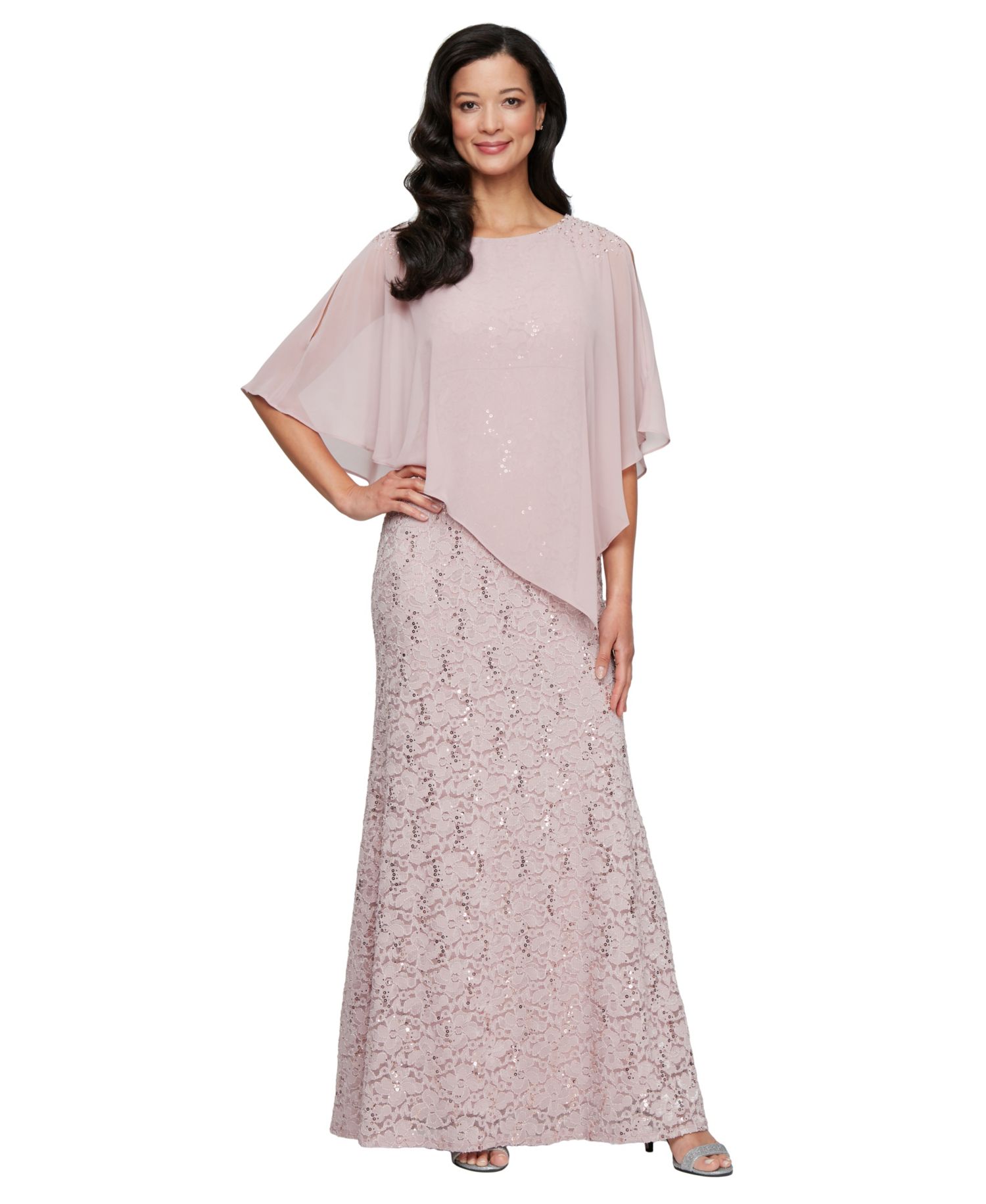 Petite Round-Neck Sequin Lace Cape Dress