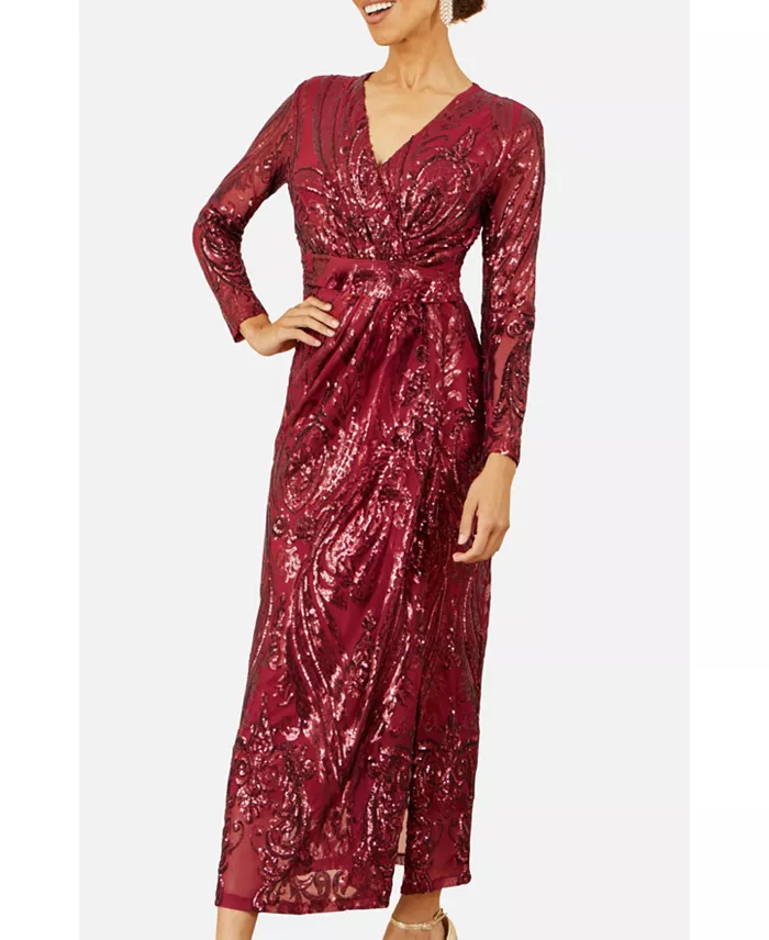 Women's Sequin Midi Long Sleeve Wrap Dress - thumbnail 5