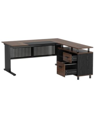 63 Inch Executive Desk with File Cabinet, Large Office Desk L Shaped Computer Desk