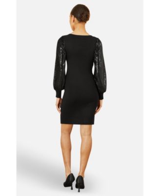 Women's Knitted Fitted Dress With Sequin Sleeves