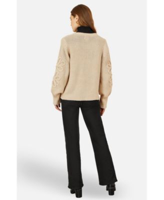 Women's Floral Sleeve Chunky Knit Open Front Long Cardigan Sweater