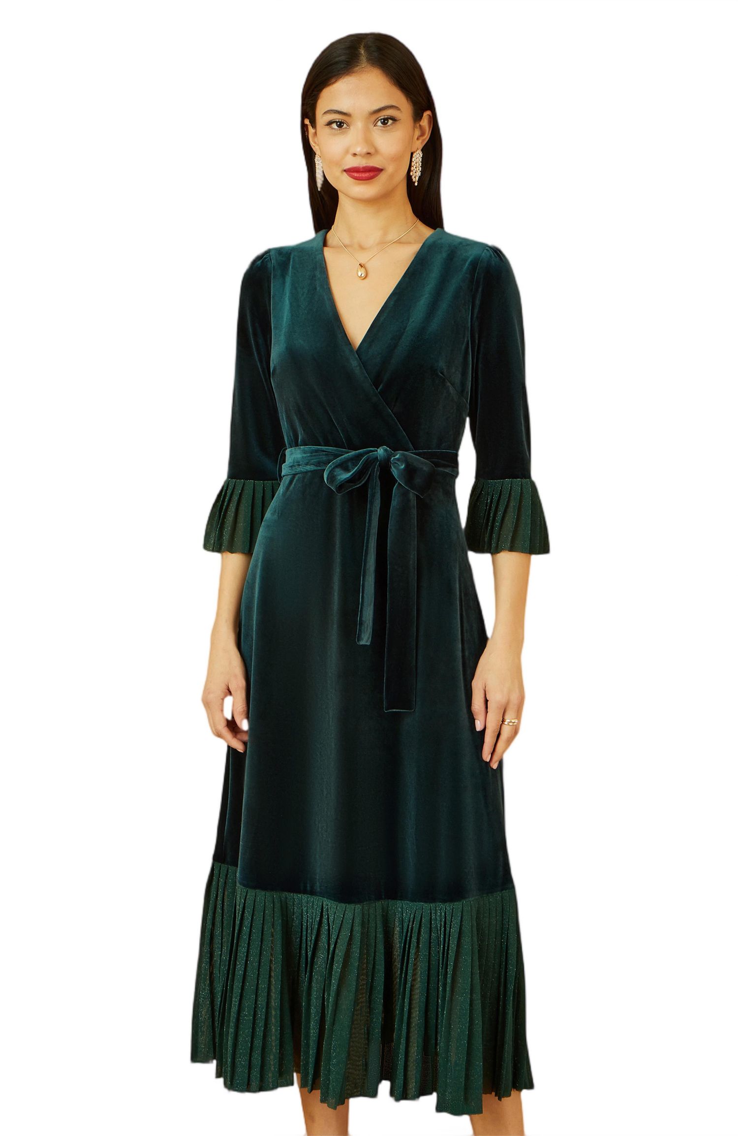 Women's Velvet Midi Pleat Detail Wrap Dress