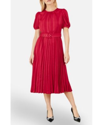 Women's Striped Satin Midi Dress Stylish Belted Partywear