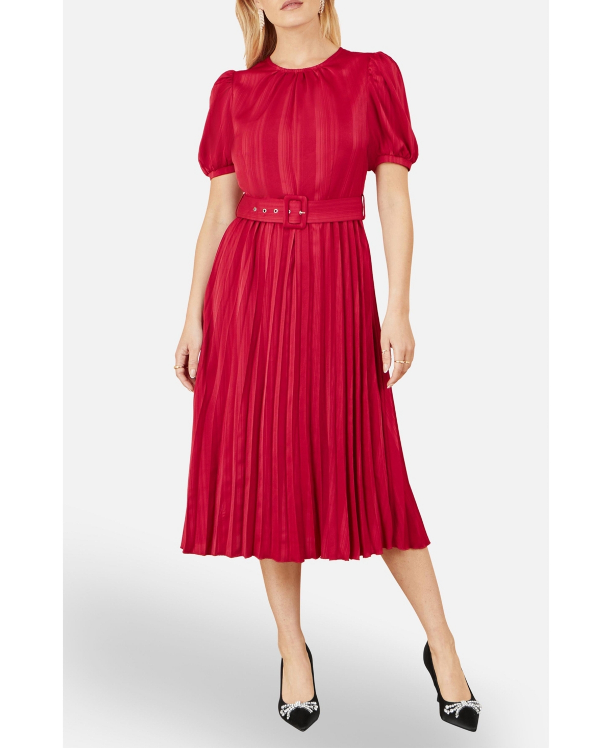 Yumi Women's Striped Satin Midi Dress Stylish Belted Partywear