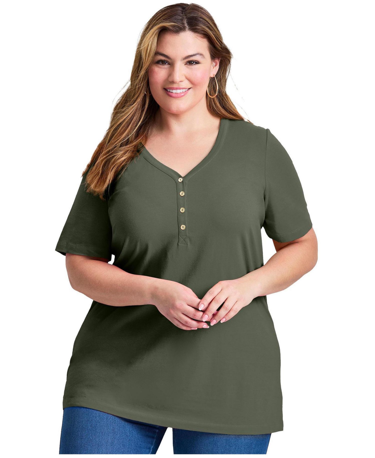 Women's Plus Size Short Sleeve Henley Tunic Top