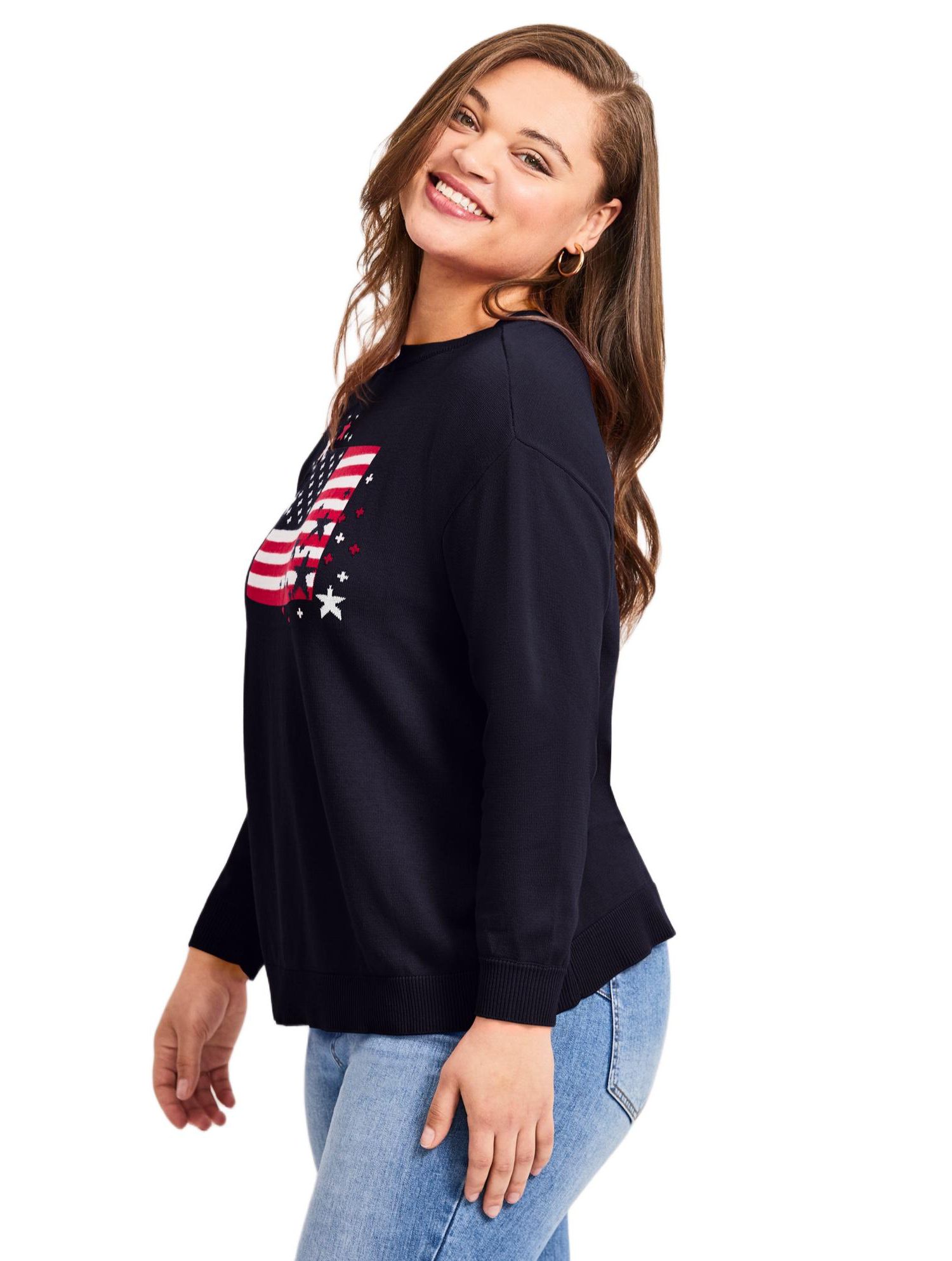 Women's Plus Size Americana Long Sleeve Crewneck Sweater