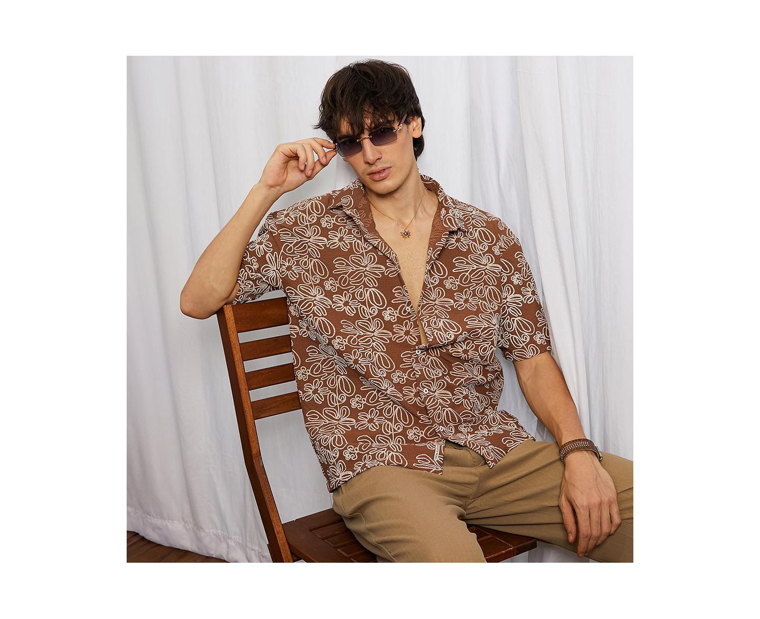 Men's Mocha Brown Floral-Lined Oversized Shirt