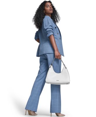 Women's Windowpane Double Breast Jacket,  Sleeveless Collared Sweater, and Windowpane Modern Fit Pants