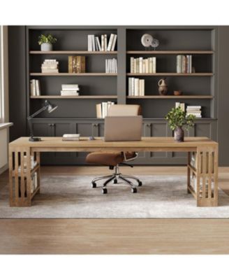 2 Person Desk, 78.7" Computer Desk with Shelves, Farmhouse Home Office Desk, Wood Heavy Duty Shelf Legs