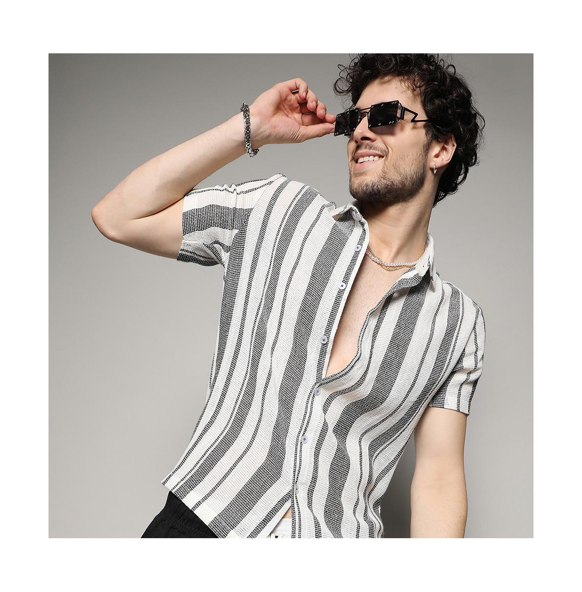 Campus Sutra Men's White & Unbalanced Striped Woven Shirt