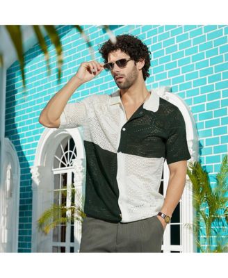 Men's Emerald Green & Cream White Block Open-Knit Polo Shirt