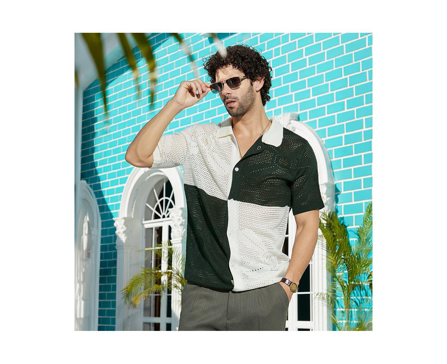 Men's Emerald Green & Cream White Block Open-Knit Polo Shirt
