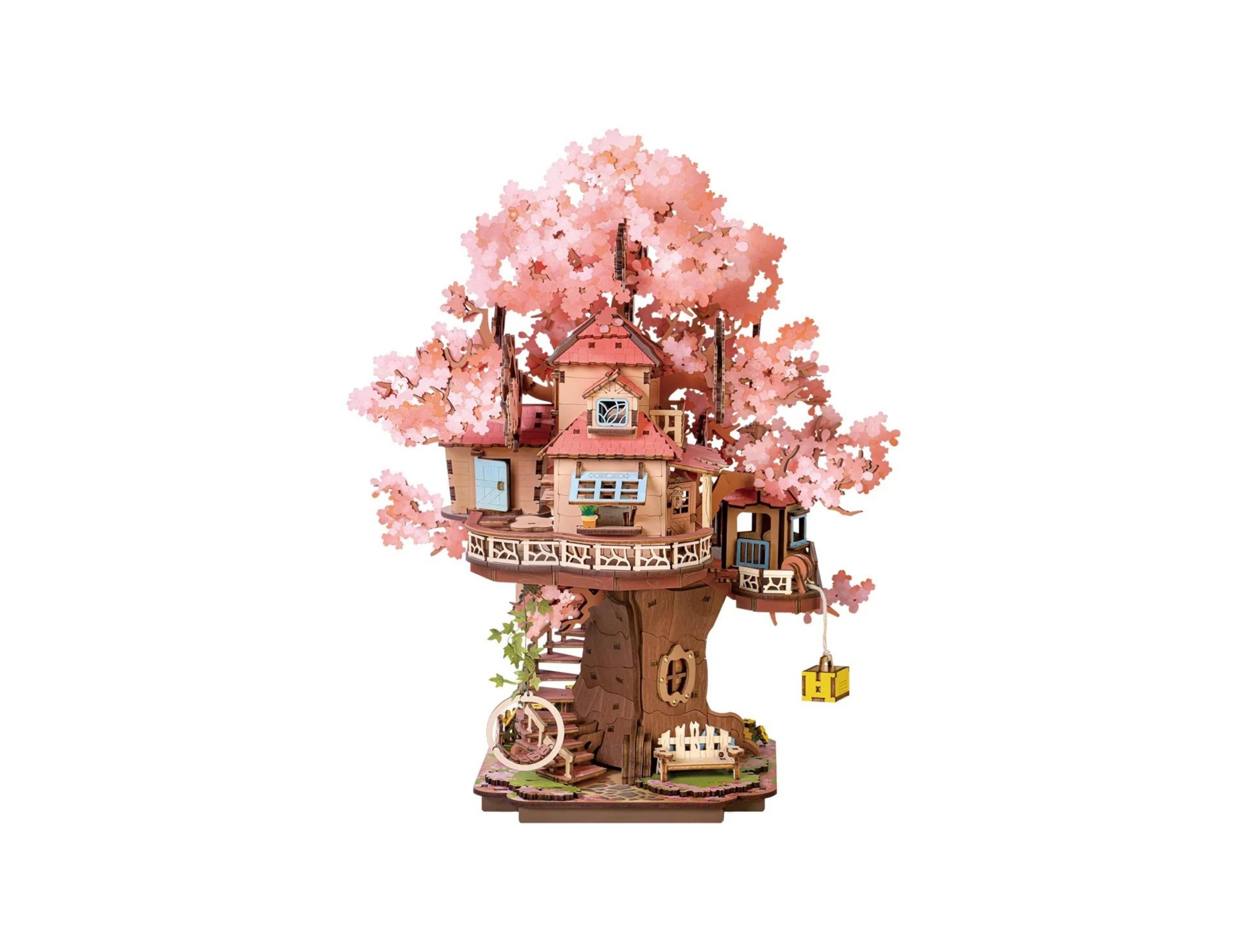 Robotime 3D Puzzles Sakura Tree House Model Kit, Diy Wooden Puzzle, Home Decor Toys, Adult Kid Unique Holiday Gifts, Pink, 9.49"11.8"12.09"