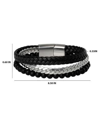 Men s 3 Row Leather, Chain & Bead Bracelet, Black, Magnetic Clasp - 8.5''