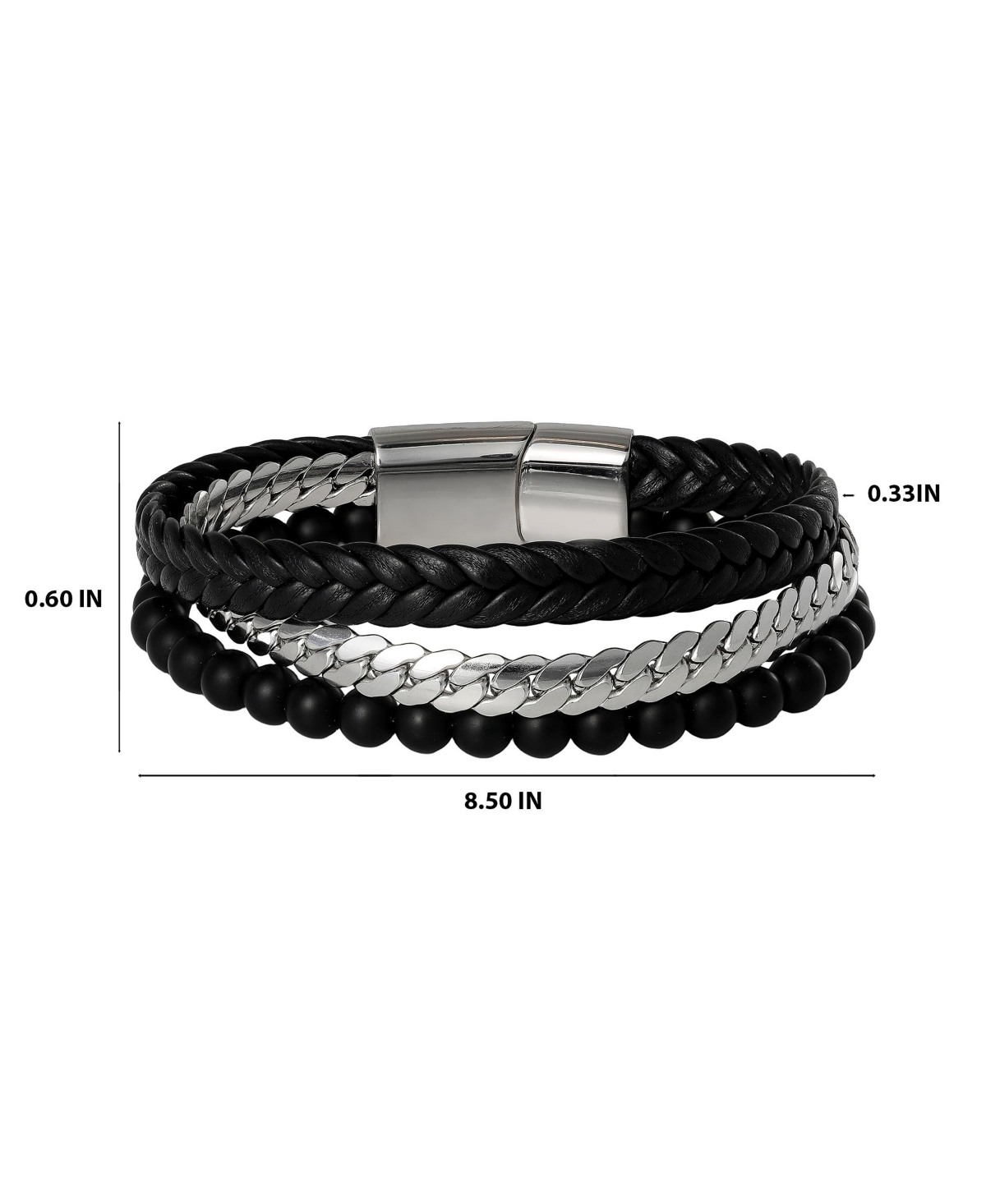 Lucky Brand Men s 3 Row Leather, Chain & Bead Bracelet, Black, Magnetic Clasp - 8.5''