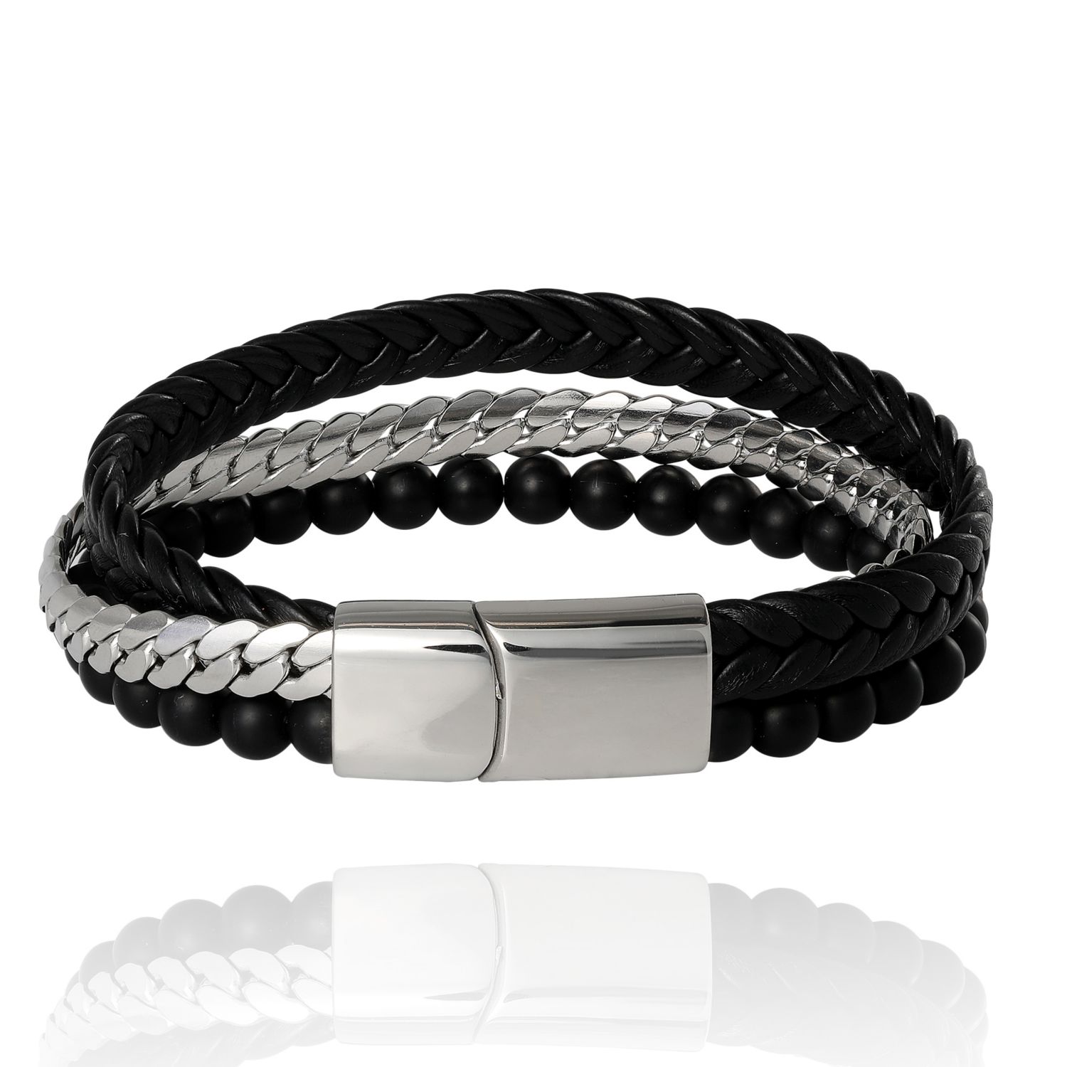 Men’s 3-Row Chain and Bead Bracelet, Black, Magnetic Clasp - 8.5''