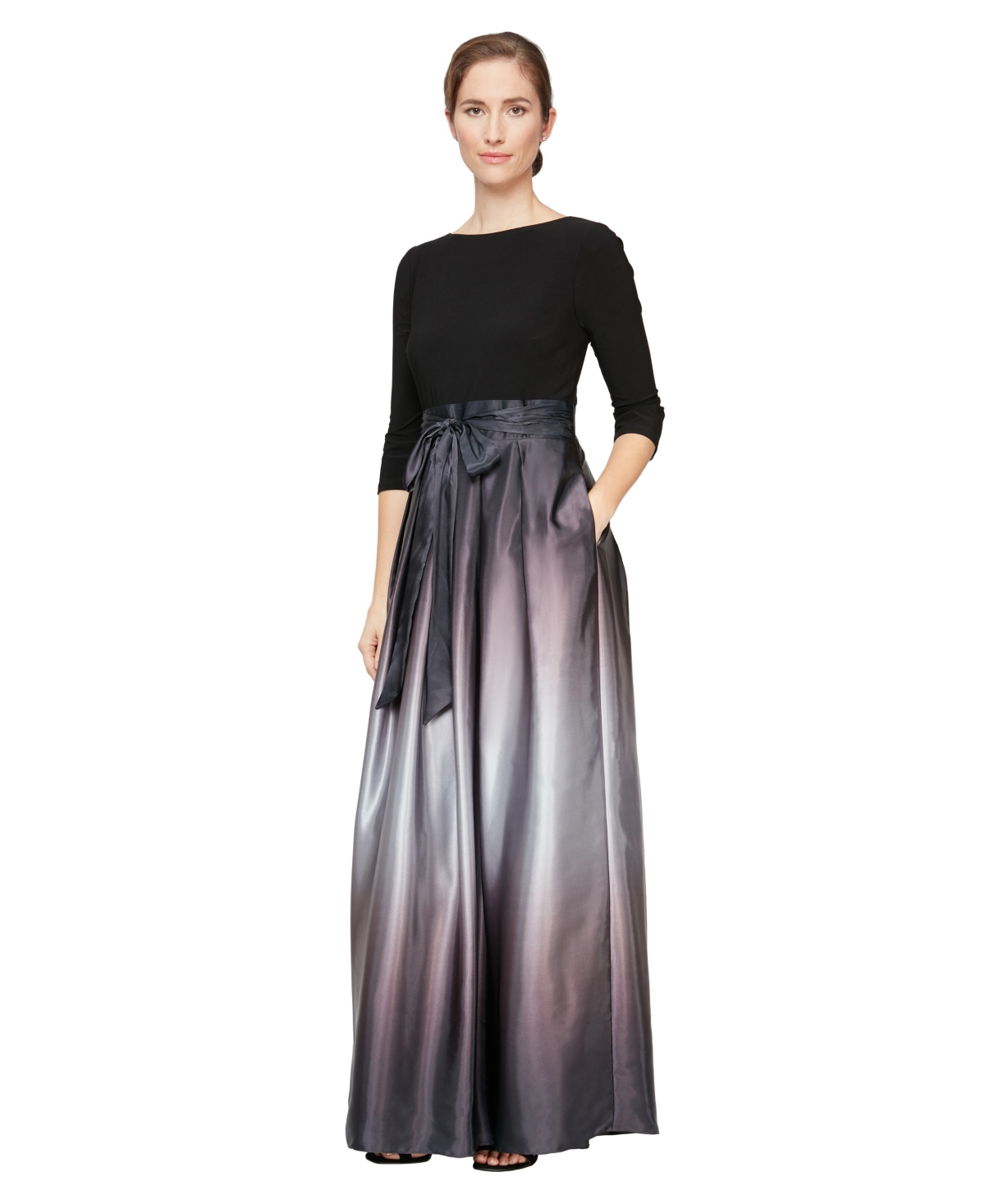 Sl Fashions Women's 3/4-Sleeve Ombre Gown - Black/Silver