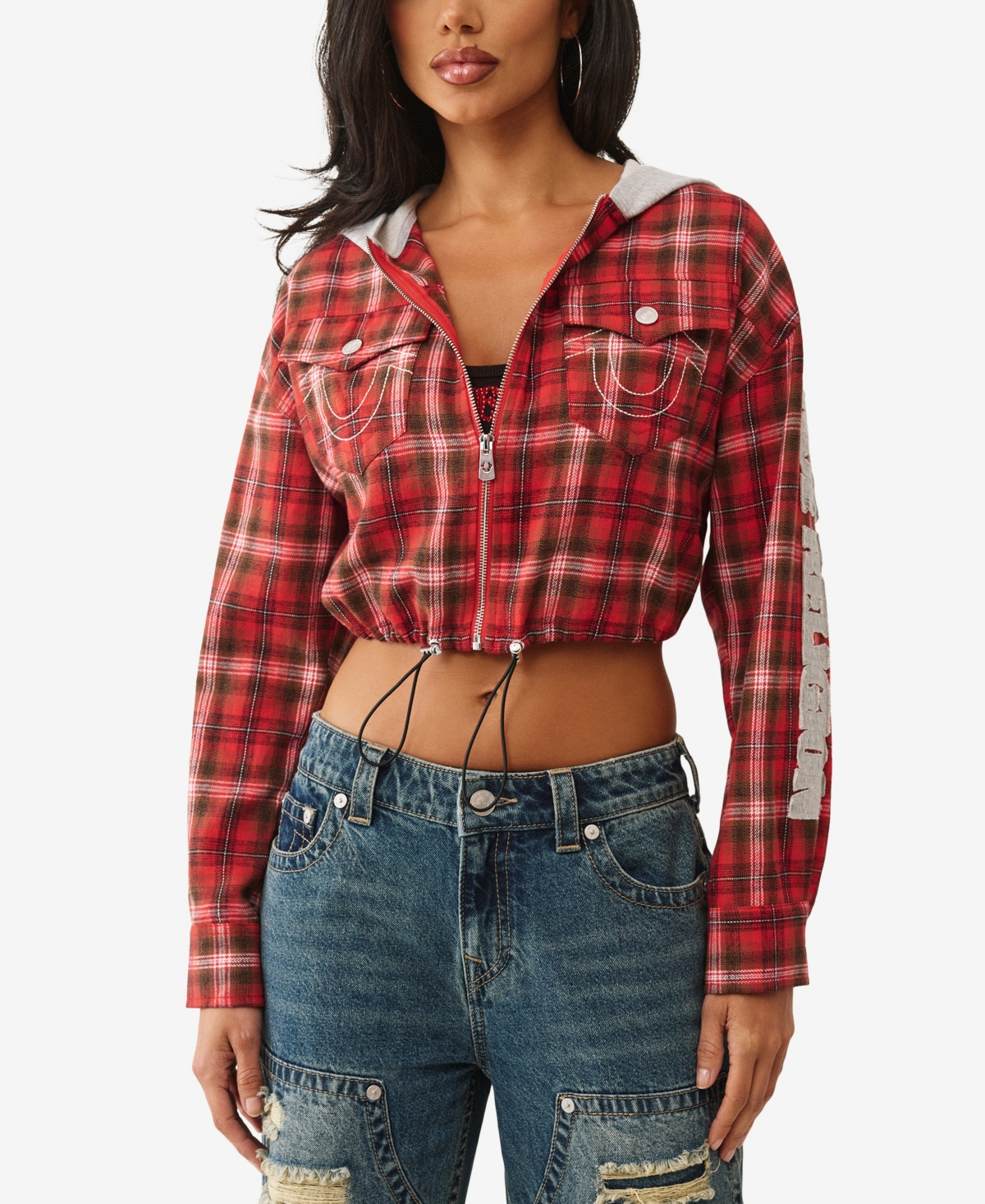 True Religion Women's Shrunken Woven Applique Hoodie